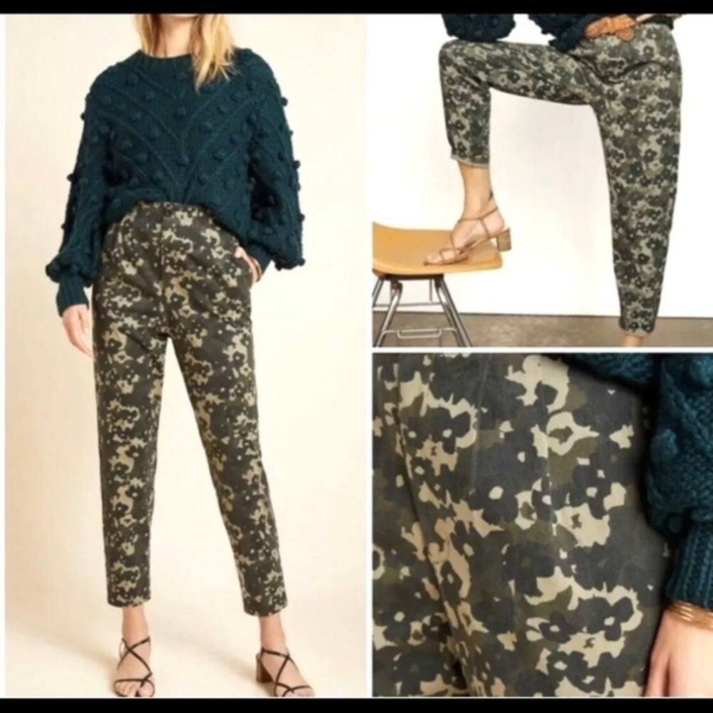 Anthropologie camoflage floral pants elastic waist + free pair anthro earrings